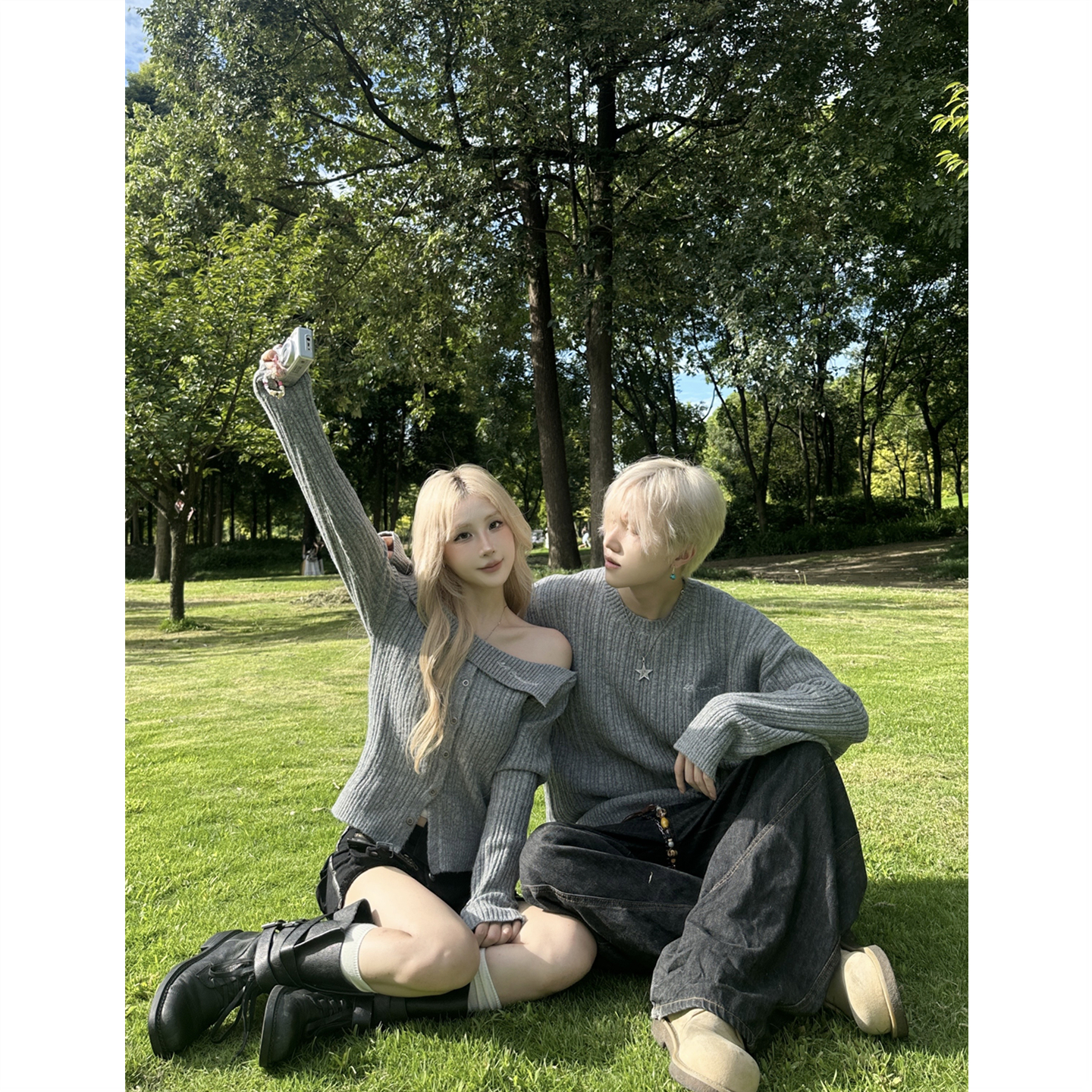 显瘦时尚灰色修身一字肩针织毛衣