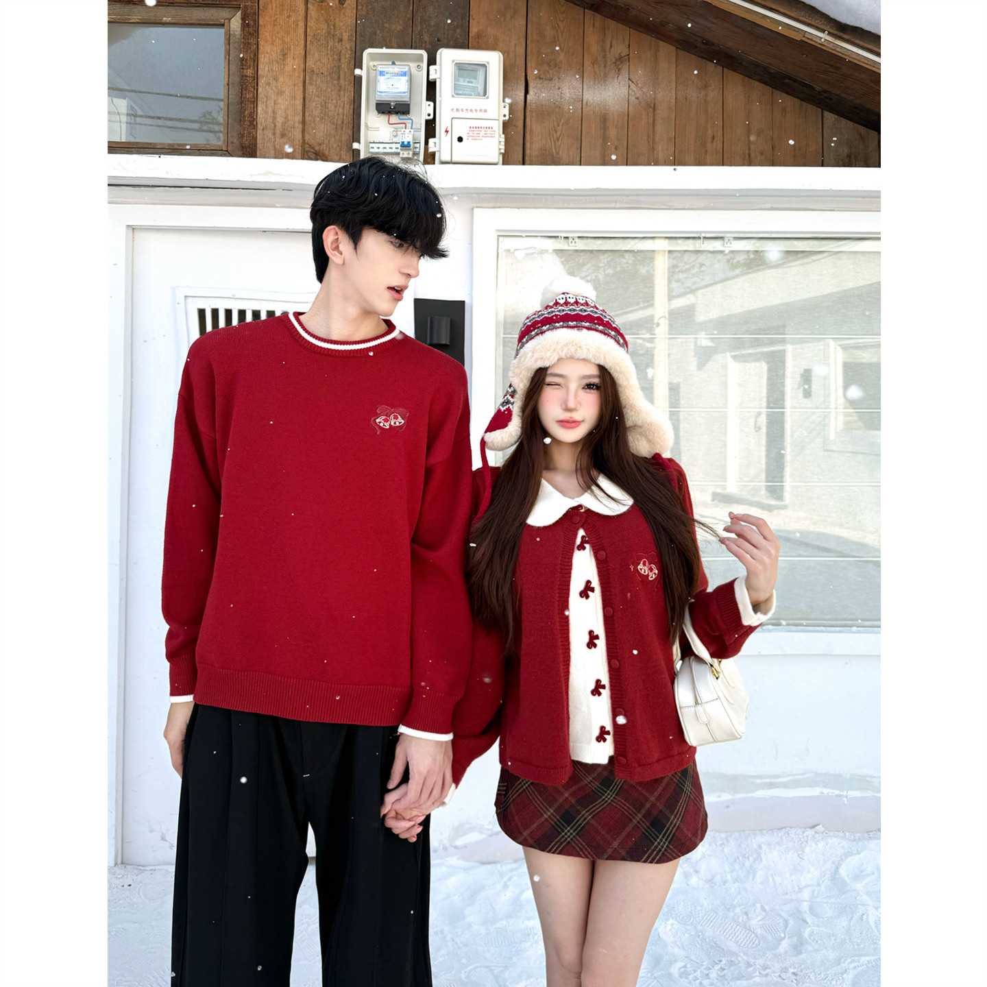红色新年情侣装秋冬ins超火毛衣男女韩版宽松法式针织衫外套潮牌,女装/女士精品,毛衣,淘宝优惠券,粉丝福利购,淘宝优惠卷