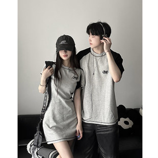 夏季 短袖 2024韩版 小众设计感情侣装 T恤女连衣裙法式 一裙一衣ins潮