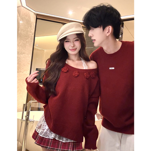 针织衫 宽松法式 外套潮牌 秋冬ins超火毛衣男女韩版 跨年红色情侣装
