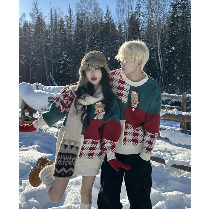 秋冬美式复古撞色慵懒风情侣毛衣