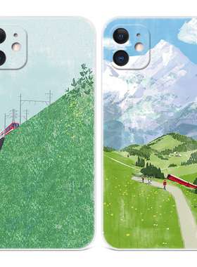 旅行插画适用iPhone11苹果12手机壳17Air/15plus绿色xs夏日xr文艺16promax小清新mini女款x迷你新款软