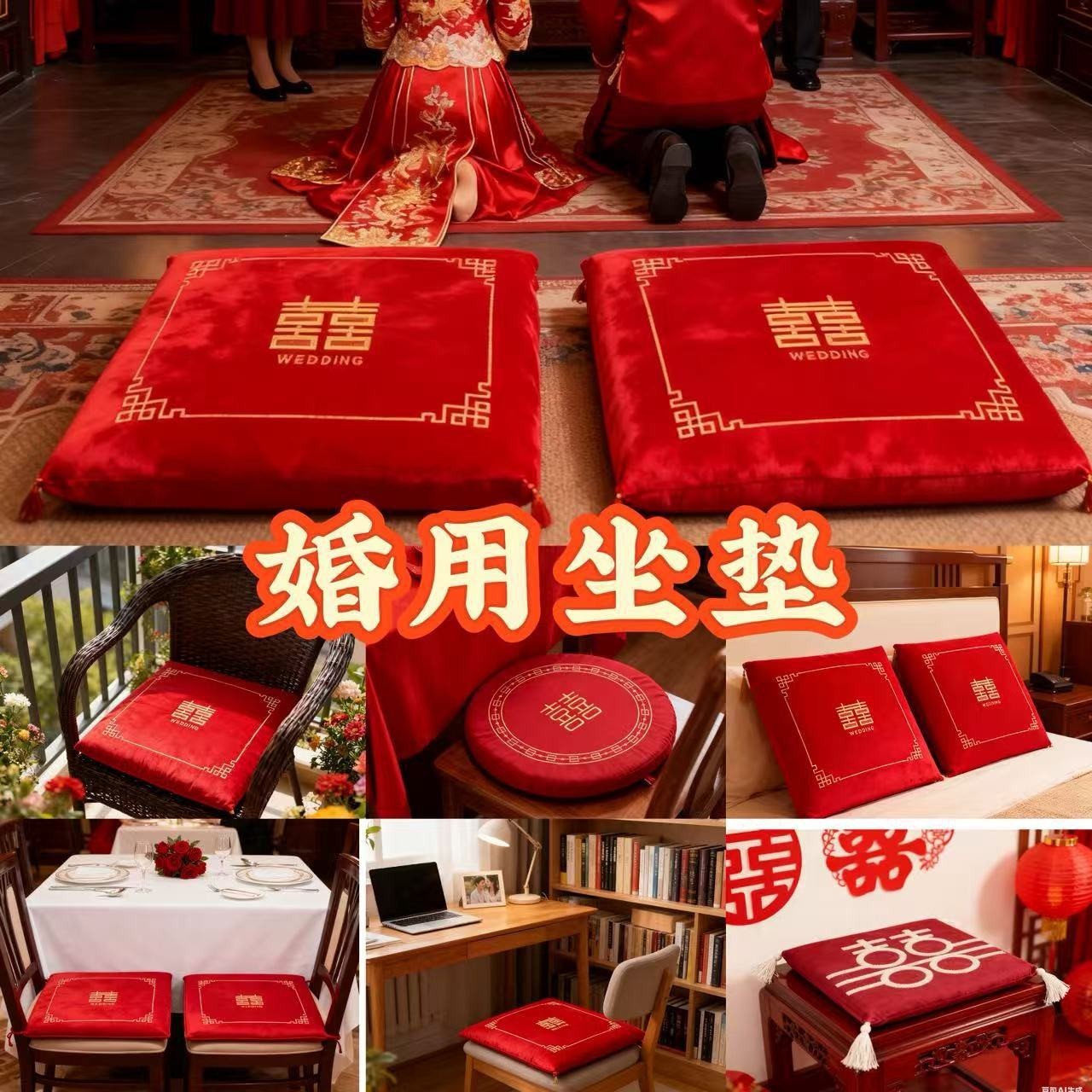 结婚跪垫一对坐福垫新婚新郎新娘磕头敬茶改口婚礼用的红色喜垫子