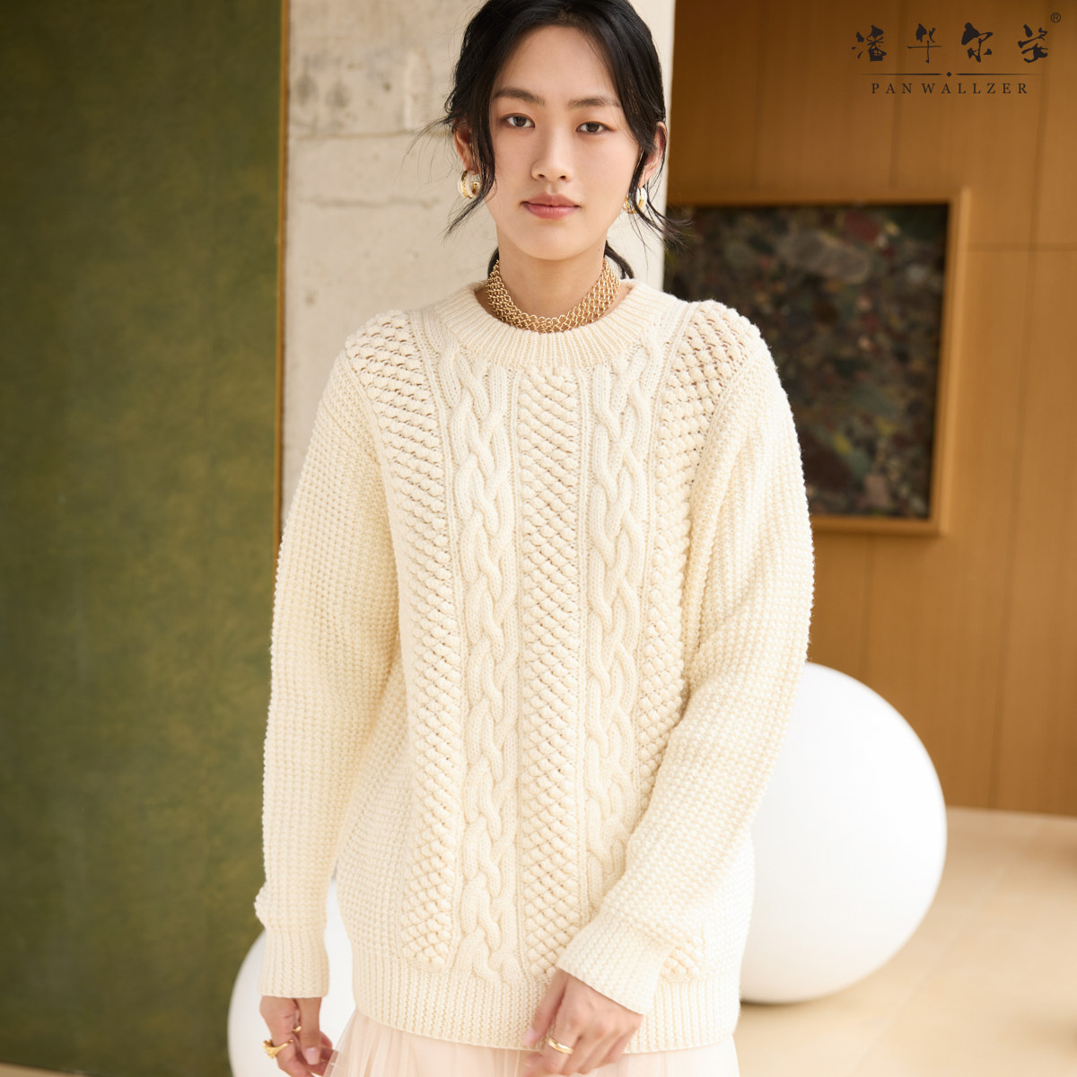 潘华尔姿原创新品秋冬精致菠萝花麻花手工编织定制圆领毛衣女柔软
