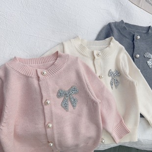 儿童针织开衫外套2026秋装新款蝴蝶结开圆领针织衫女童毛衫上衣潮