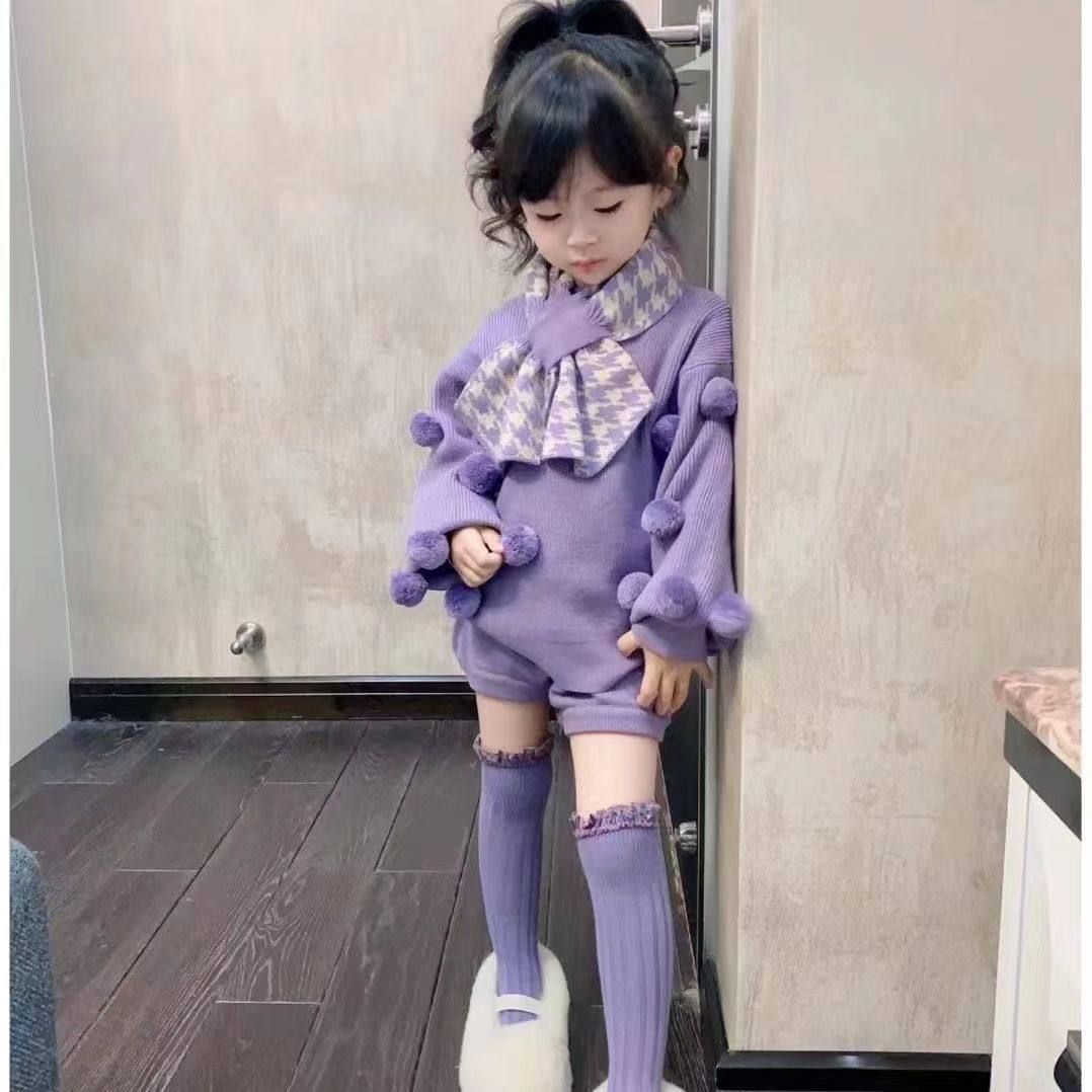 女童可爱兔尾巴套装2026手工毛球球无压羊毛混纺球球毛衣+兔尾潮