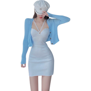 吊带裙挂脖包臀裙子紧身抹胸连衣裙纯欲短裙性感穿搭一整套套装女