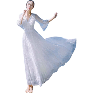 白色网纱裙子性感收腰高级旅途仙气礼服裙长裙海边度假连衣裙女夏