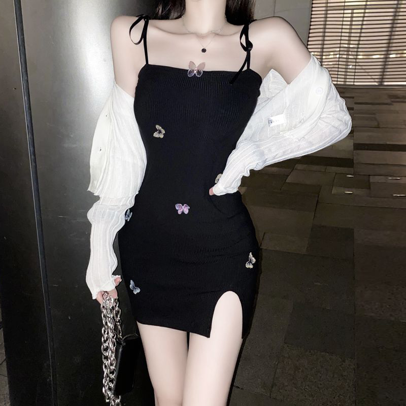 高级吊带裙蝴蝶装饰辣妹修身包臀裙短裙性感吊带连衣裙套装女秋季