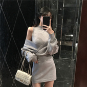 针织打底背心裙修身 显瘦包臀短裙性感连衣裙辣妹套装 两件套女秋冬