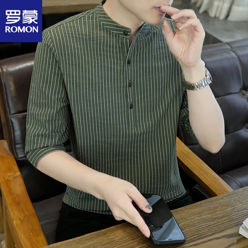 棉麻七分袖t恤男士2025夏季新款纯棉条纹立领五分短袖上衣服