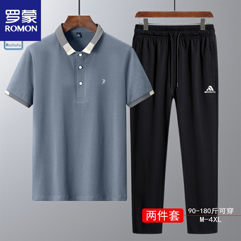 爸爸休闲套装男士夏季中年短袖t恤五分裤夏天宽松纯棉运动服