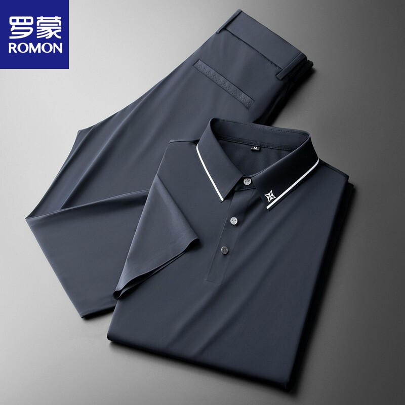 冰丝休闲套装男士2025夏季新款翻领短袖t恤短裤子运动两件套