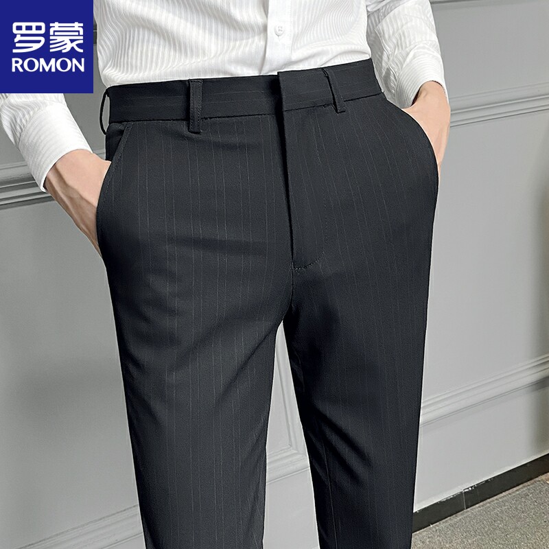 罗蒙条纹西裤男士2025夏季新款商务休闲九分裤子修身小脚直筒长裤