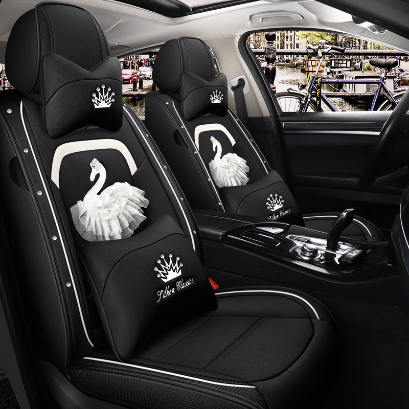 卡通天鹅镶钻汽车坐垫四季通用可爱女神座椅套透气棉麻全包围座垫
