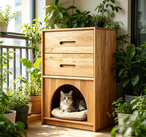 樱桃木猫窝床头柜一体猫舍高档边柜创意床头柜一体宠物柜四季通用