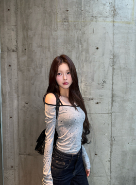 Lovedeath【心动法则】波点一字肩长袖上衣女纯欲蝴蝶结内搭吊带