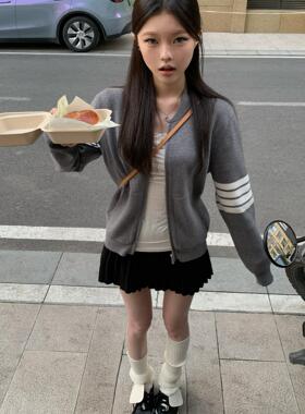 Lovedeath【乖乖千金】灰色学院风针织开衫外套女拉链毛衣外搭