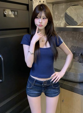 Lovedeath【恋爱告急】深蓝色U领短袖T恤女夏季辣妹收腰显瘦上衣