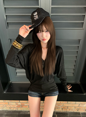 Lovedeath【雅痞辣妹】黑色V领不规则长袖T恤女辣妹收腰显瘦上衣