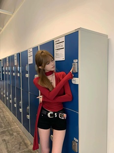 长袖 复古红辣妹风褶皱修身 飘带荡领上衣女 红色警戒 Lovedeath