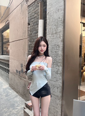 Lovedeath【心动初恋】baby蓝辣妹挂脖上衣女性感一字肩长袖吊带