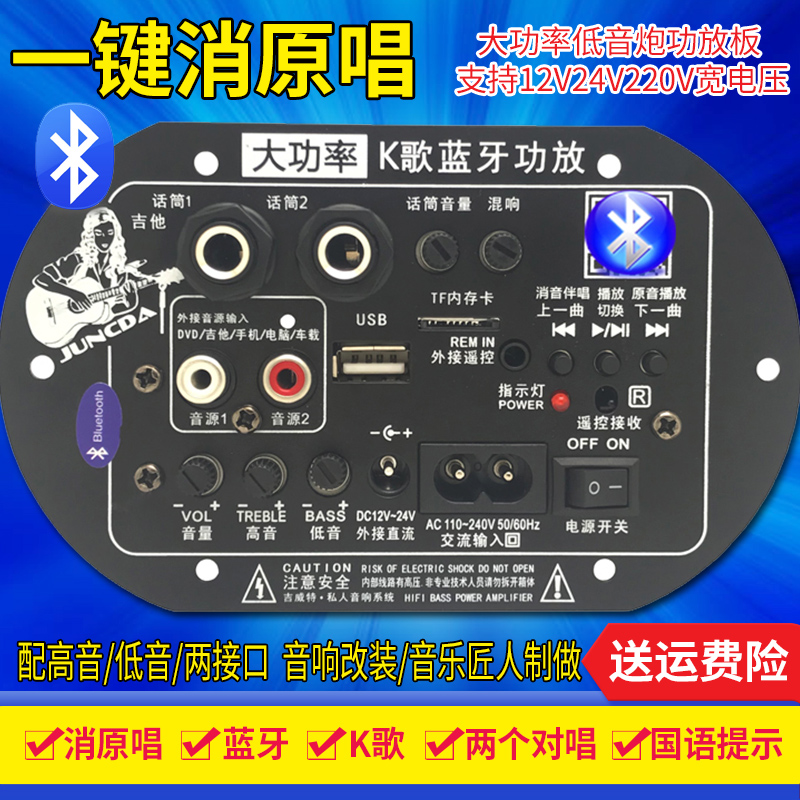 一键消原唱 双话筒k歌大功率蓝牙功放板12V24V220V低音炮