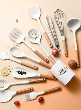硅胶厨具12件套装白色木手柄不粘锅铲汤勺耐高温厨房收纳烹饪用具