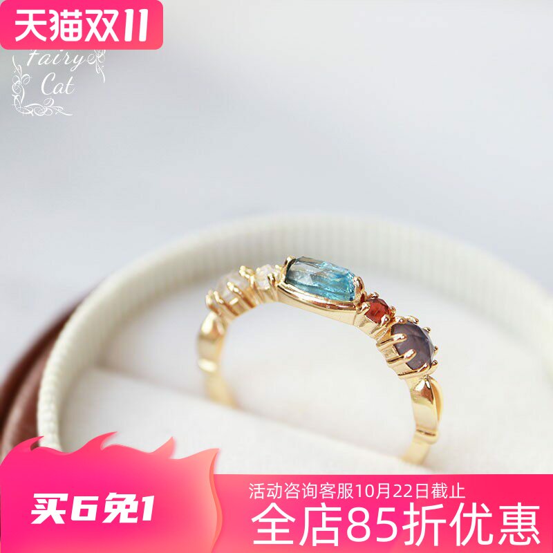日系*多宝石精致戒指天然托帕石堇青石拉长石复古925纯银指环