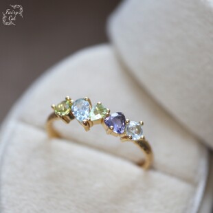 女士复古天然托帕石橄榄石堇青石戒指S925纯银镀金 日系小众风格