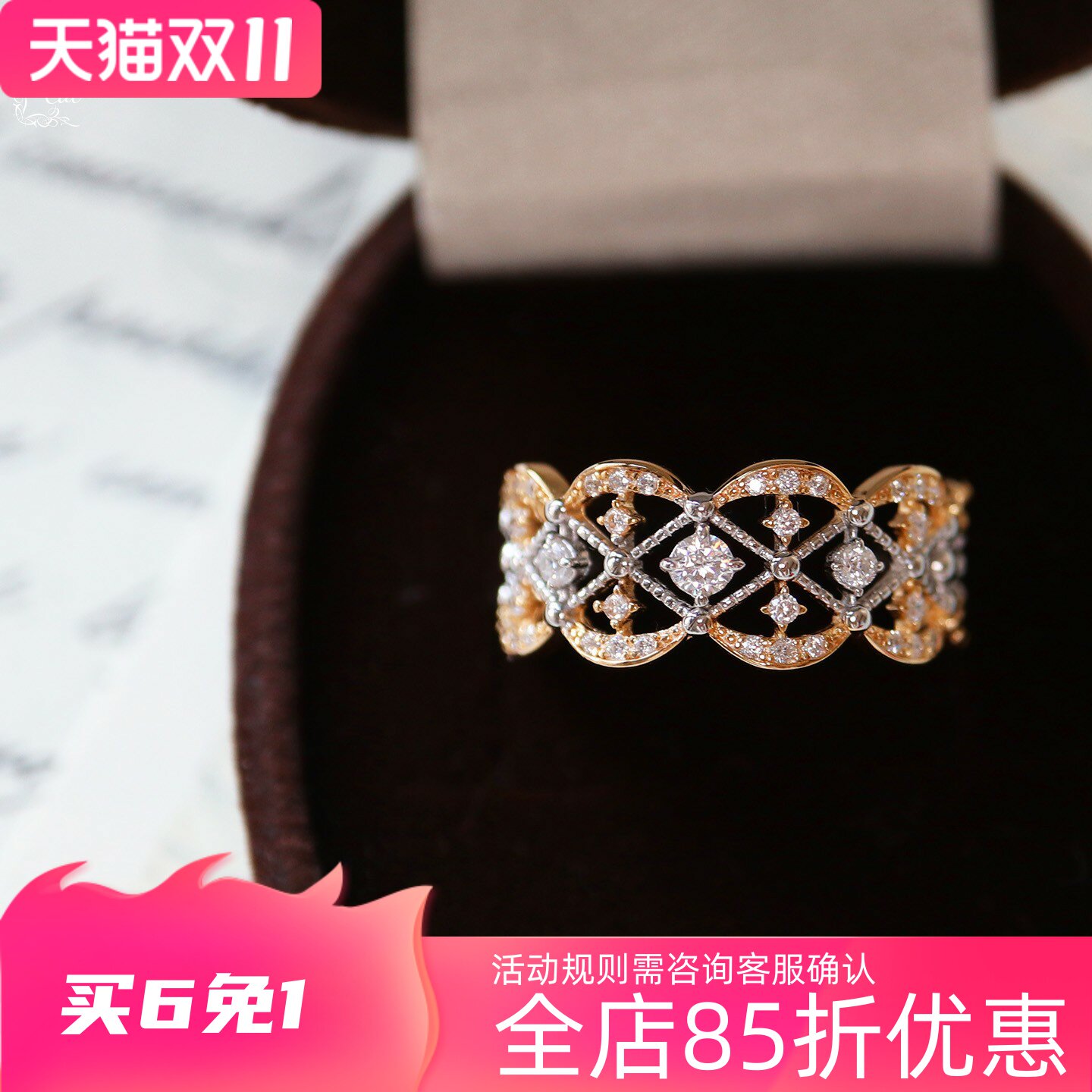 日系SJ圣诞限定同款复古华丽镂空唯美闪烁印花锆石戒指s925银镀金