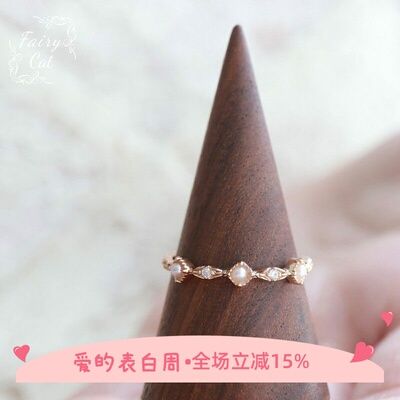日系新款天然淡水珍珠复古纤细简约小众戒指环925银镀金女*