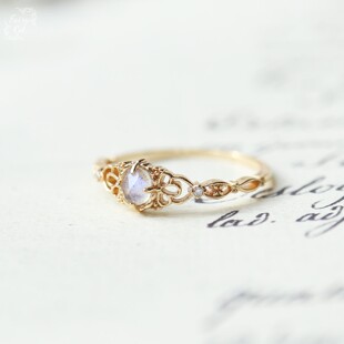 日系NJ同款 天然拉长石镂空花纹图案可爱戒指s925银镀金指环银饰品