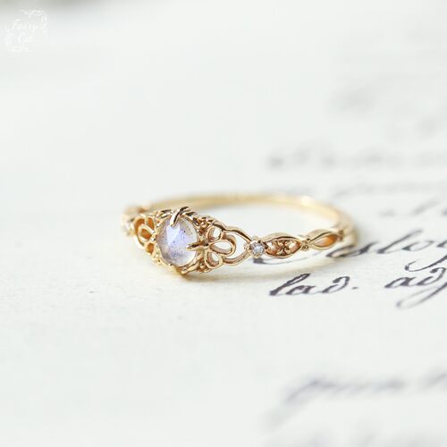 日系NJ同款天然拉长石镂空花纹图案可爱戒指s925银镀金指环银饰品