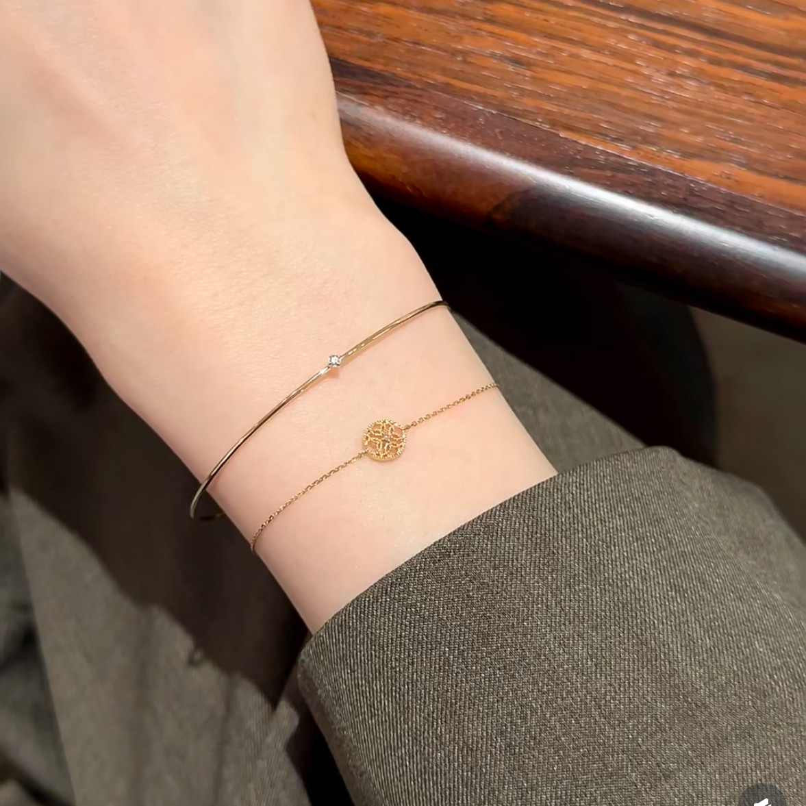 特 日系A家同款极细小钻手镯s925银镀金素圈纤细手环简约叠戴配饰