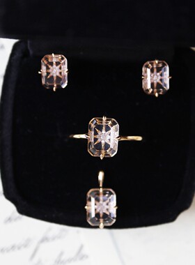 日系SJ圣诞限定天然白水晶星芒方块复古个性戒指/项链/耳环s925银