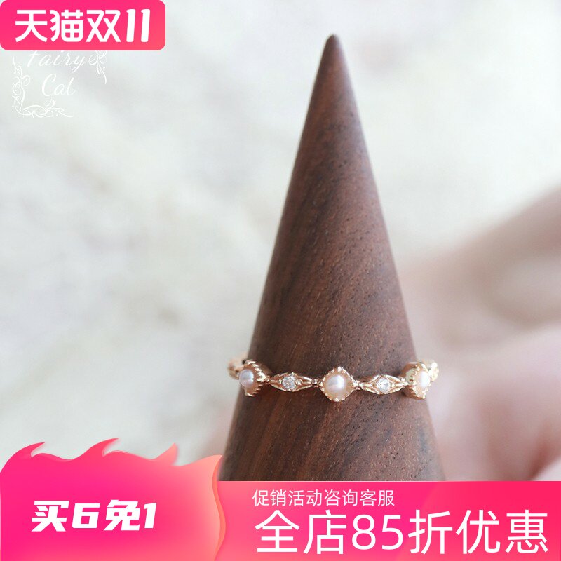 日系新款天然淡水珍珠复古纤细简约小众戒指环925银镀金女*