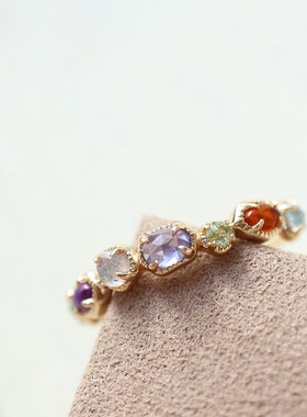 日系A家圣诞限定天然多宝石水晶不规则戒指镂空星空戒指925银镀金