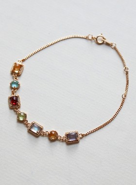 日系复古小众天然拉长石紫水晶彩色宝石水晶手链s925银镀金手饰女