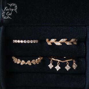 日系时尚个性唯美锆石树叶月桂叶灵动流苏四叶草戒指环925银镀金