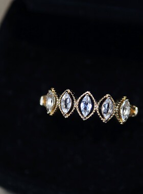 日系小众风格女士复古天然白色托帕石戒指S925纯银镀金个性透明