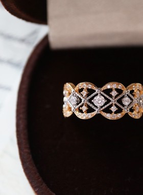 日系SJ圣诞限定同款复古华丽镂空唯美闪烁印花锆石戒指s925银镀金