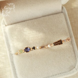 日系 *同款 天然堇青石/茶晶 多宝石 不规则戒指s925银镀金