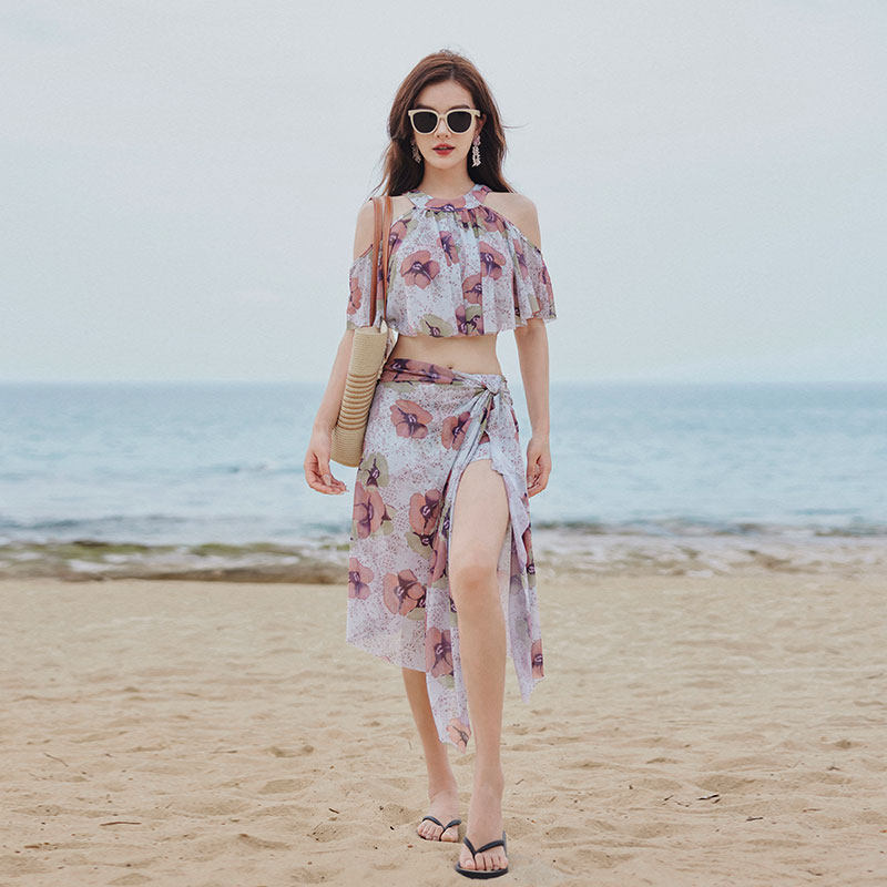 情侣泳衣下半身遮挡大码胖mm分体平角保守海边度假三件套游泳衣女