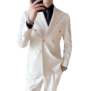 西装男套装双排扣主持人休闲白色礼服戗驳领商务修身通勤西服外套