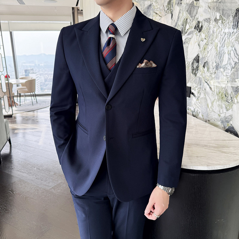 高级感戗驳领两粒扣西服男套装春夏薄款商务通勤外套新郎结婚礼服