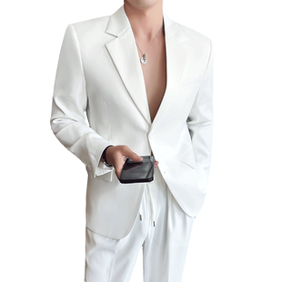 夏季薄款白色西装男宽松垂感外套时尚痞帅老钱风西服男高级感套装