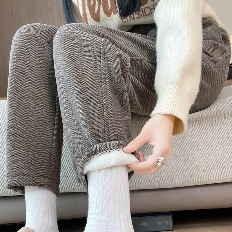 秋冬季加绒加厚毛呢哈伦裤女运动休闲裤高腰显瘦垂感小脚