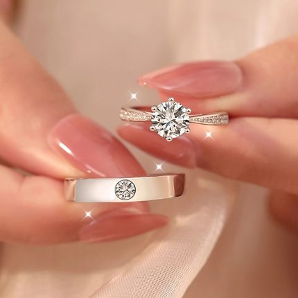 正品莫桑石钻戒女纯银情侣对戒男1克拉一对仿真钻求结婚戒指礼物