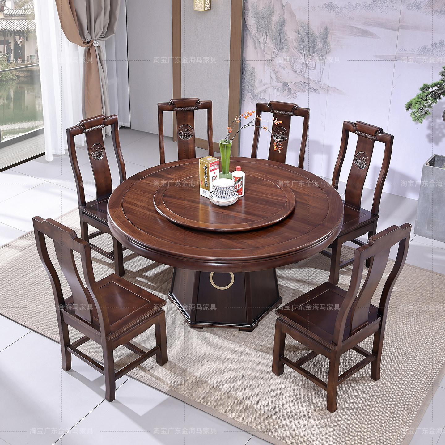 进口紫檀木实木餐桌带转盘餐桌椅组合客厅吃饭桌中式酒店圆形餐桌